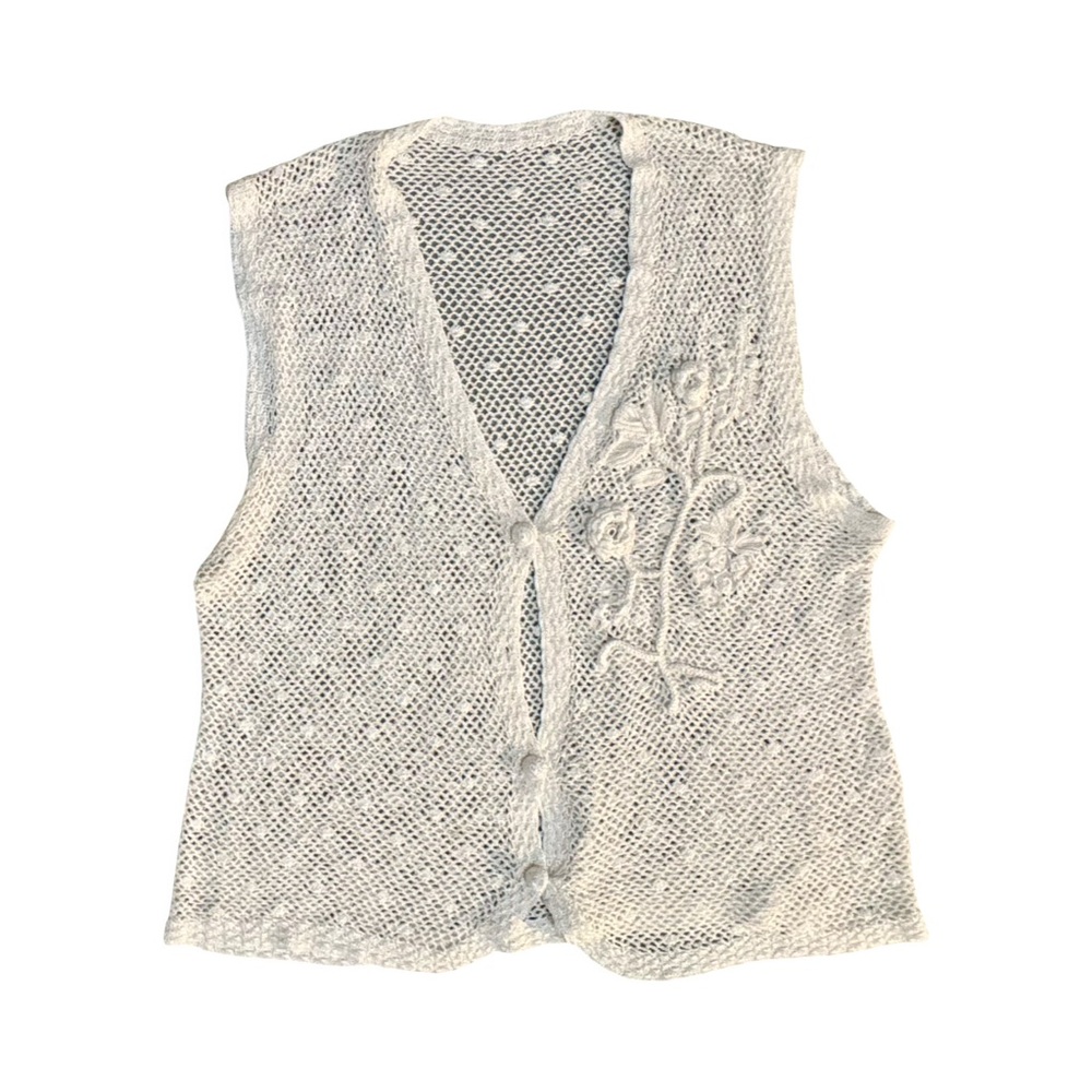 Vintage-Style White Crochet Floral Button Vest – Cottagecore Knit Top